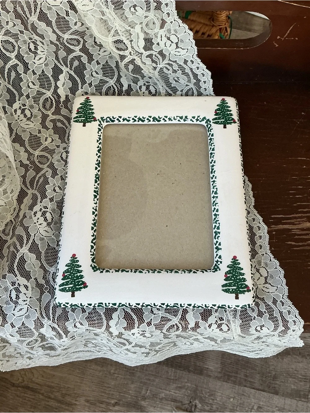 White Picture Frame with Green Christmas Tree Accents -